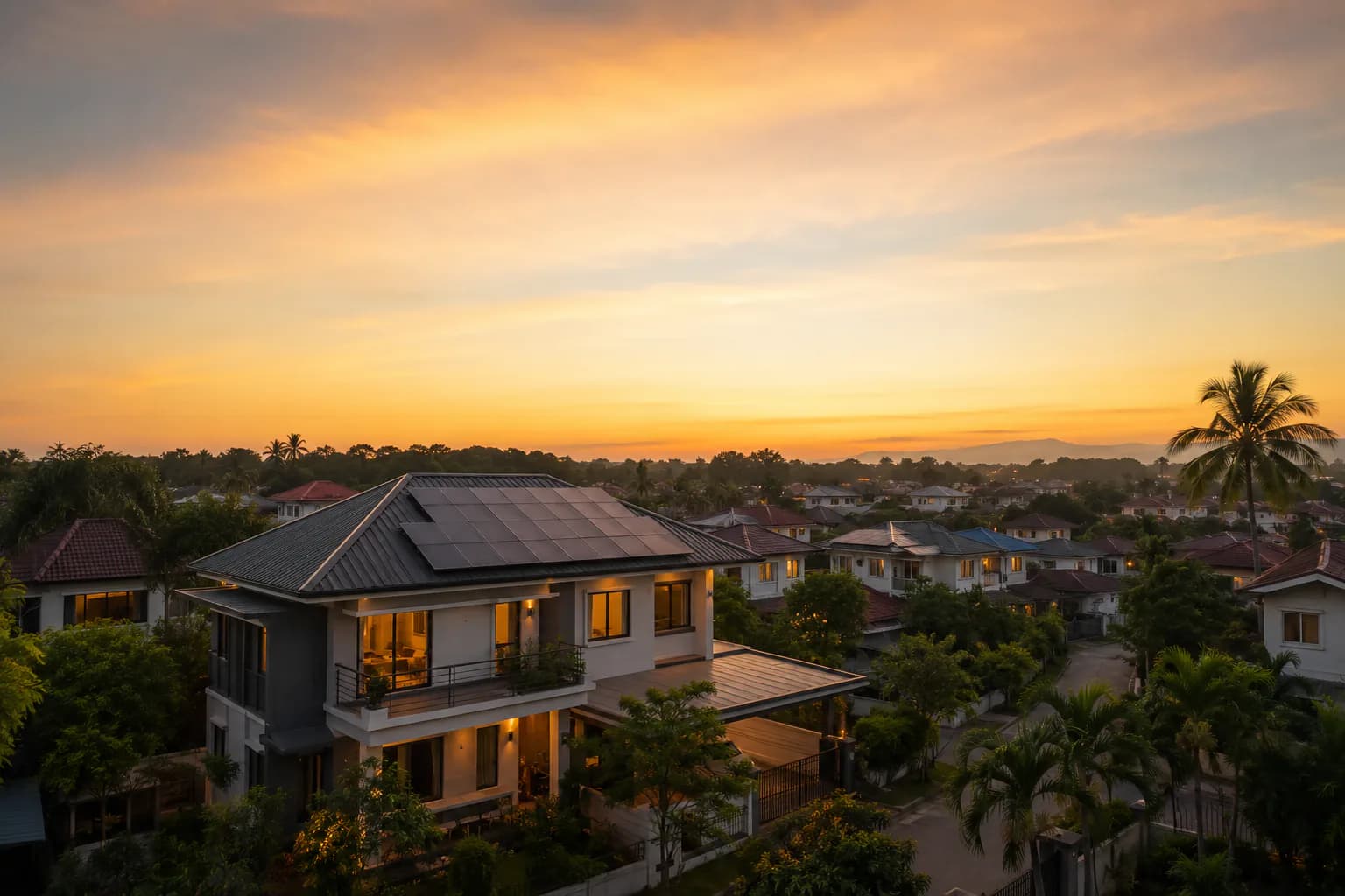 Solar-equipped home at sunset in a tropical neighborhood