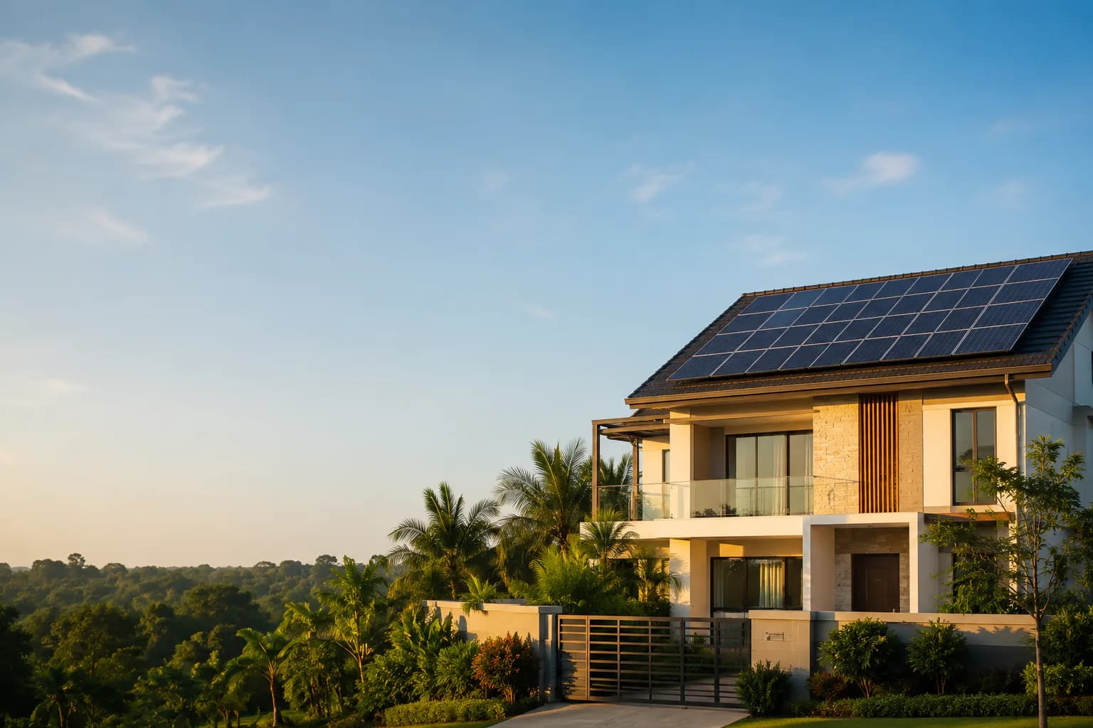Solar-equipped modern home surrounded by tropical greenery