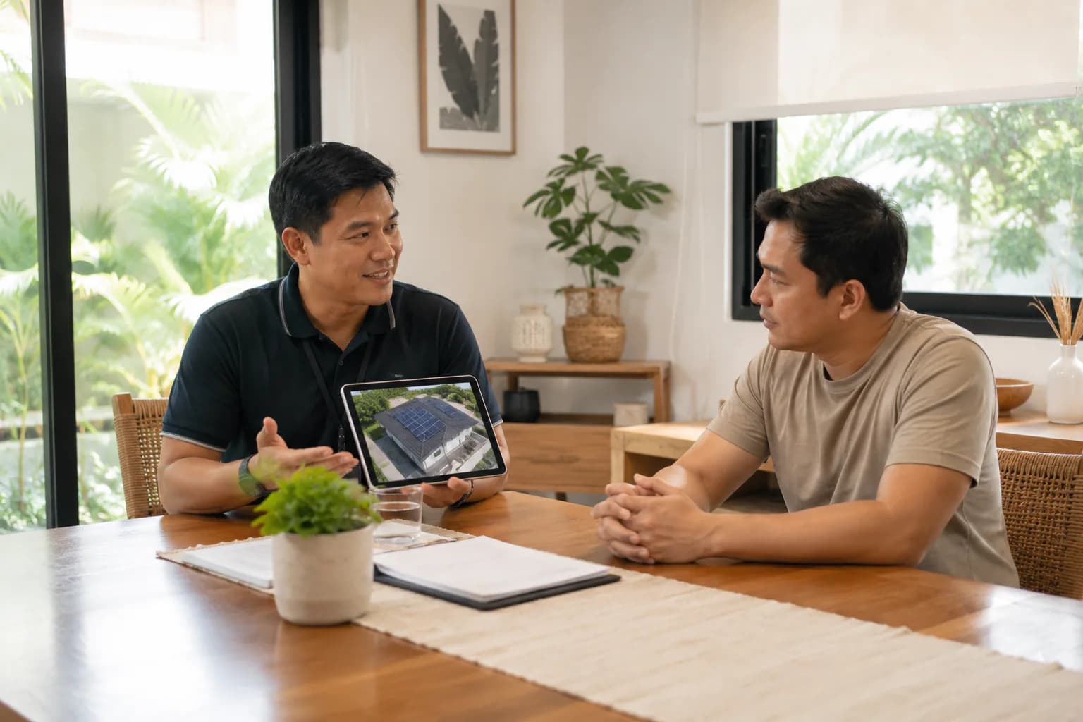 Solar consultant discussing a rooftop plan with a homeowner