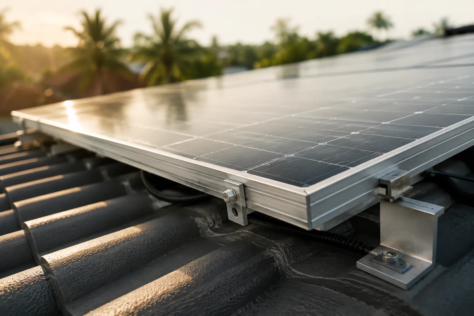 Close view of precise solar-panel mounting hardware